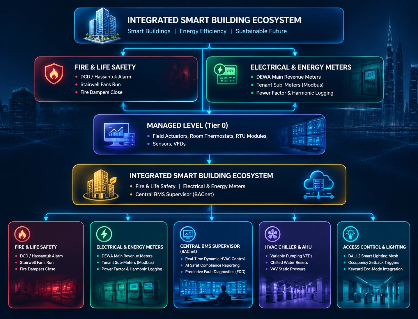 Integrated Smart Building Ecosystem Architecture: Cross-subsystem integration between fire safety, electrical sub-metering, central BMS supervisor, HVAC chiller plant, and access control in Dubai commercial facilities