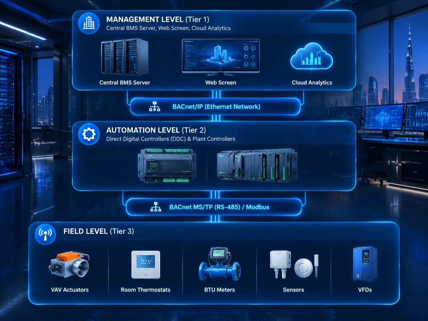 Three-Tier BMS Technical Architecture: Management Level (Tier 1), Automation Level (Tier 2), and Field Level (Tier 3) with open BACnet and Modbus protocols in Dubai buildings