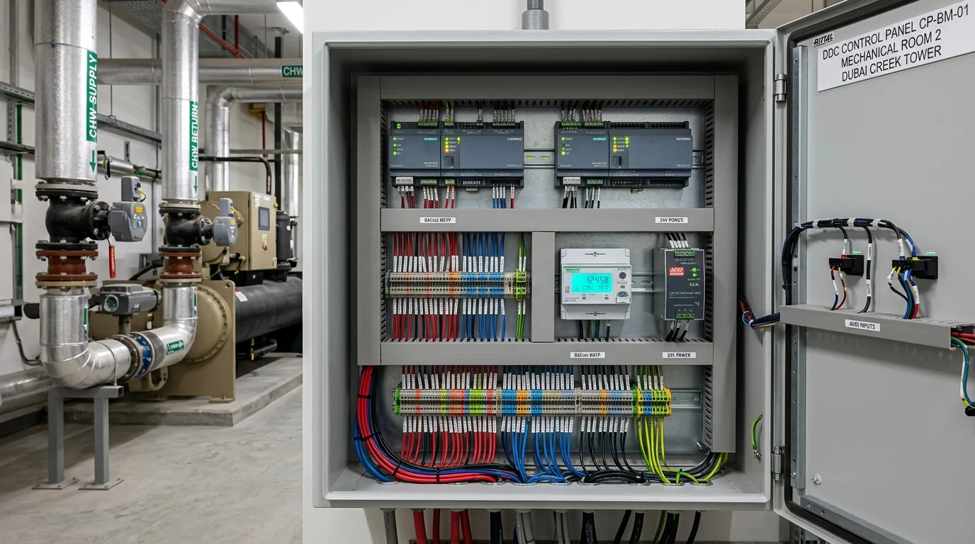 Direct Digital Controller (DDC) panel managing central HVAC plant equipment in a Dubai commercial building